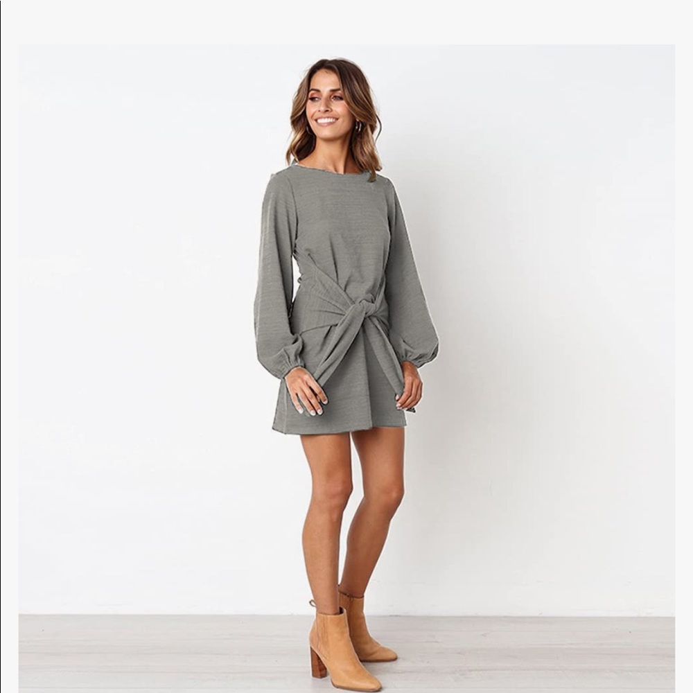 Grey Long Sleeve Tied Dress